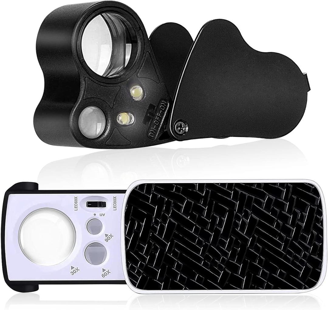 2 Pcs Jewelers Illuminated Loupe Magnifier, 30X 60X 90X Foldable Eye Loupe Magnifier with Bright LED Light for Jewelry, Coins, Gems, Stamps, Watches Rocks (Black)