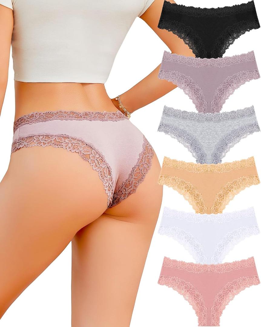 FINETOO Cotton Underwear for Women Sexy Panties Lace Hipster Low Rise Breathable Womens Cheeky 6 Pack (L)