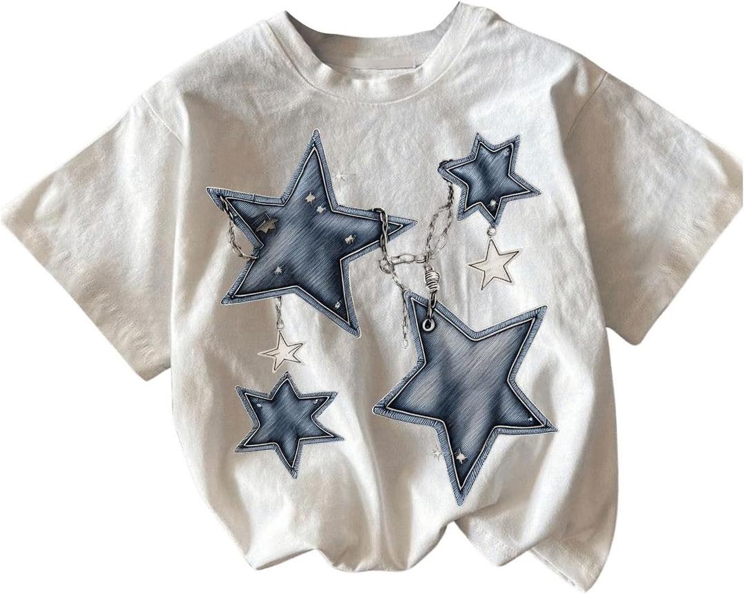 RoseSeek Girl's Geometric Star Graphic Tee Tops Casual Summer Short Sleeve Crew Neck T Shirt