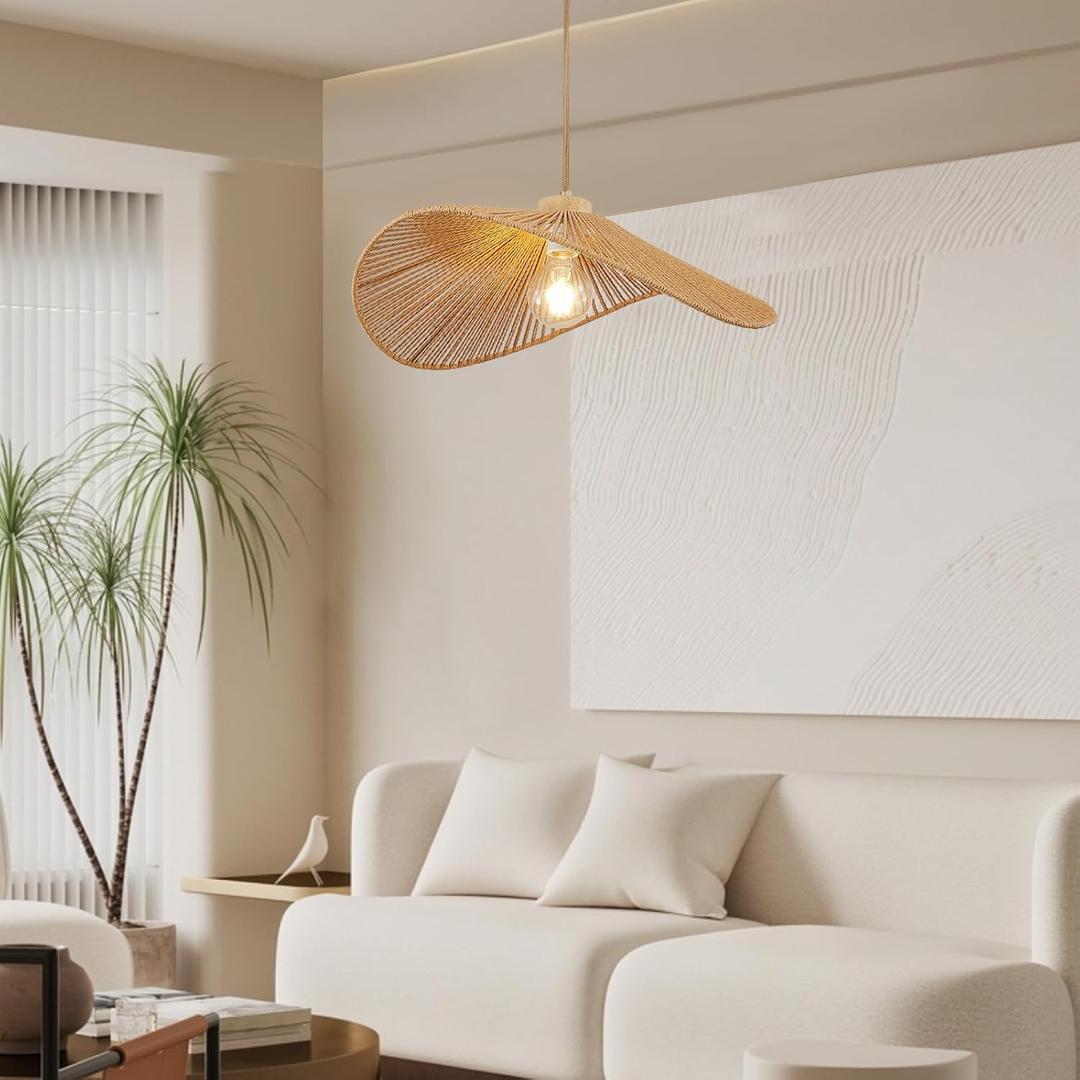 Boho Rattan Pendant Light Fixture Modern Style Hanging Light Bohia Natural Bamboo Handmade1-Light Hanging Lamp for Farmhouse Bedroom Living Room Dining Room (19.7'')