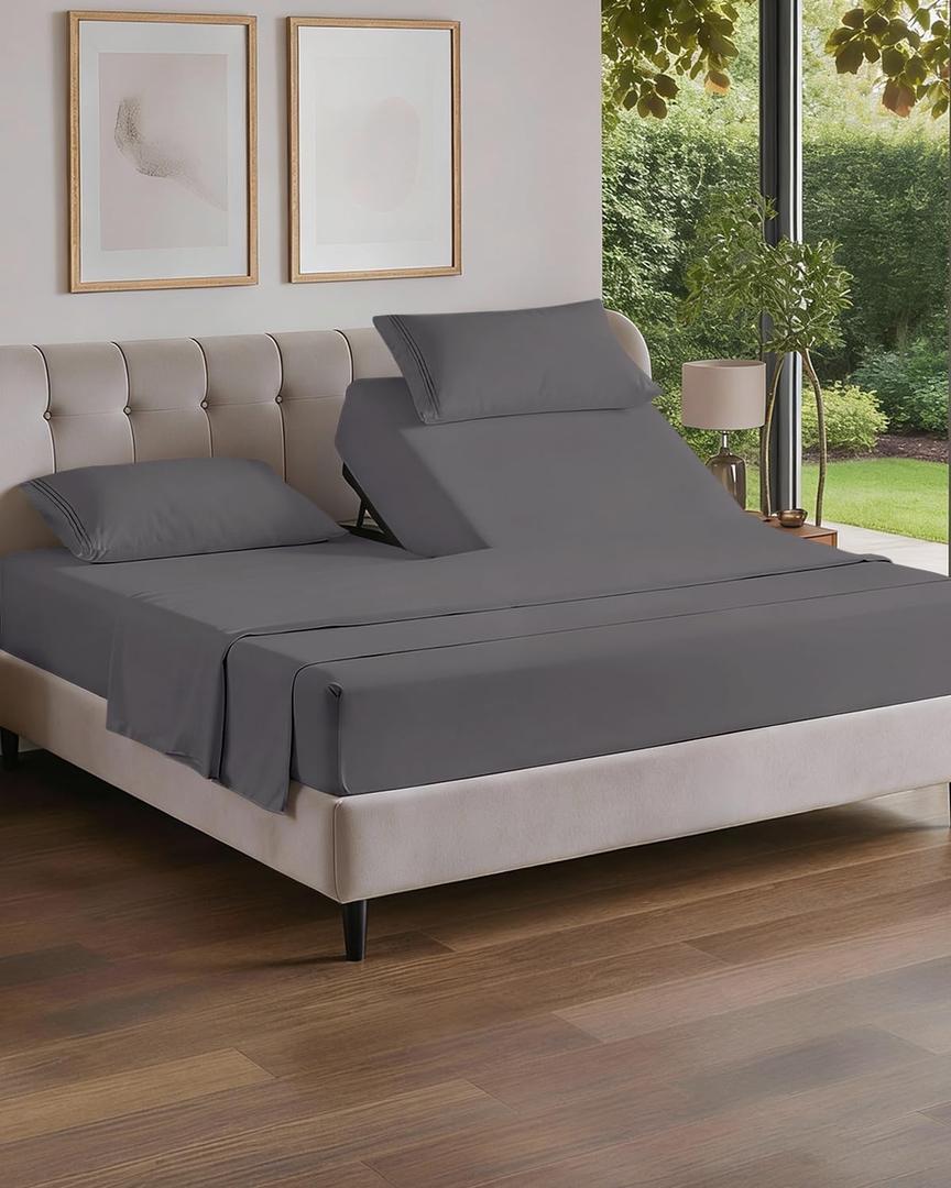 Flex Top Split Head King 4 Piece Sheet Set - Soft & Breathable - Dark Grey | Cooling Bed Sheets Set, Hotel Luxury Bedding for Women & Men with Deep Pockets, Wrinkle Free & Fade Resistant, Oeko-Tex