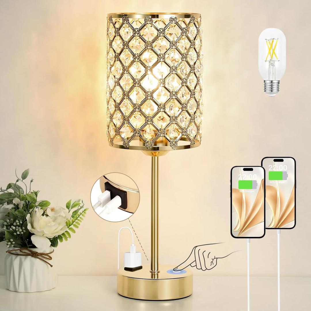 Hong-in Gold Lamps for Night Stands-Crystal Table Lamp with USB-C+A & AC Charging Ports, 3-Way Dimmable Nightstand Touch Lamp, Bedside Desk lamp for Bedroom Living Room Home Office