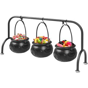 Kendane Halloween Decorations Indoor, Set of 3 Witches Cauldron Candy Serving Bowls on Rack, Halloween Party Decorations, Black Plastic Candy Cauldron for Table Decor