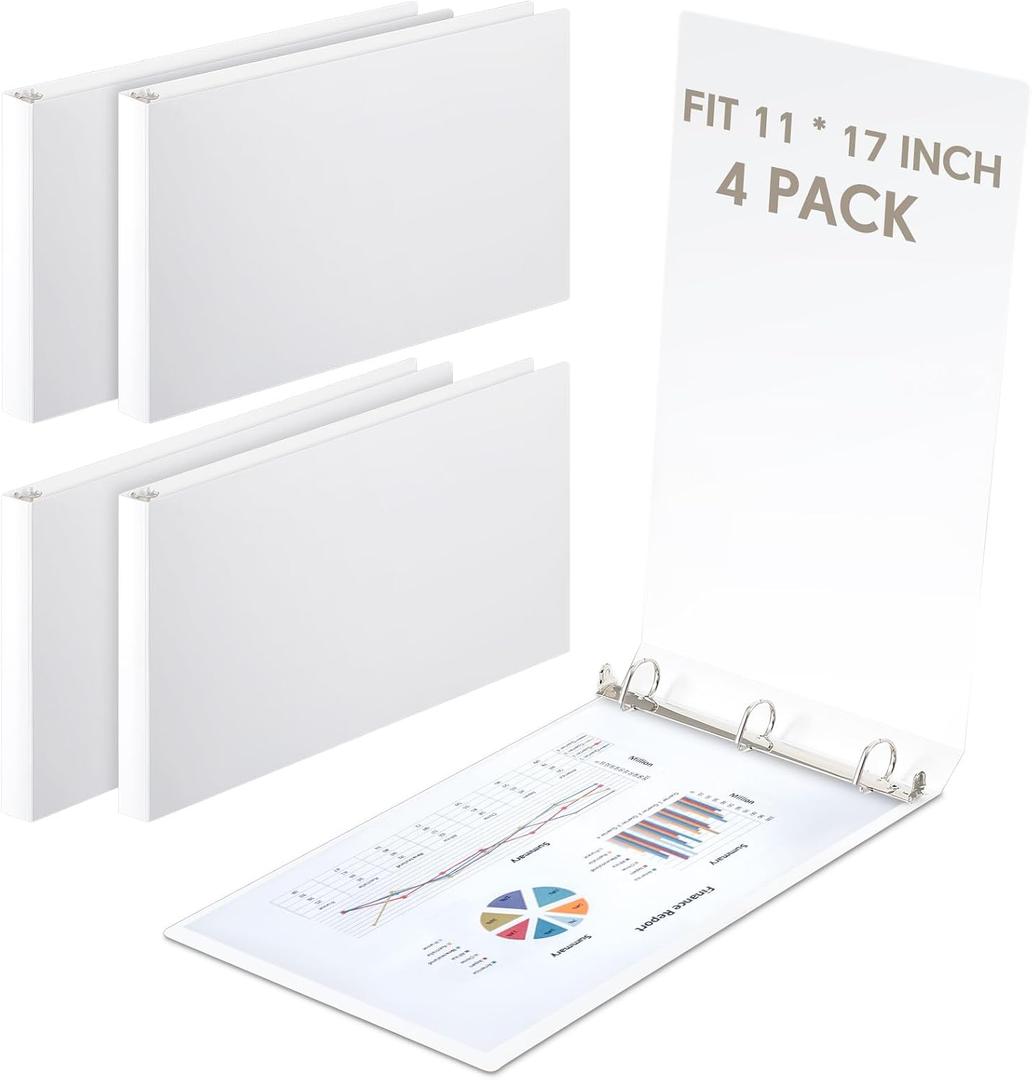 4 Pcs 11 x 17 Inch 3 Ring Binders 2 Inch Rings Heavy Duty View Plastic Flexible D Ring Binders Economy Holds 11" x 17" Paper for Artwork Blueprints, Office, Home, Work Places(White)