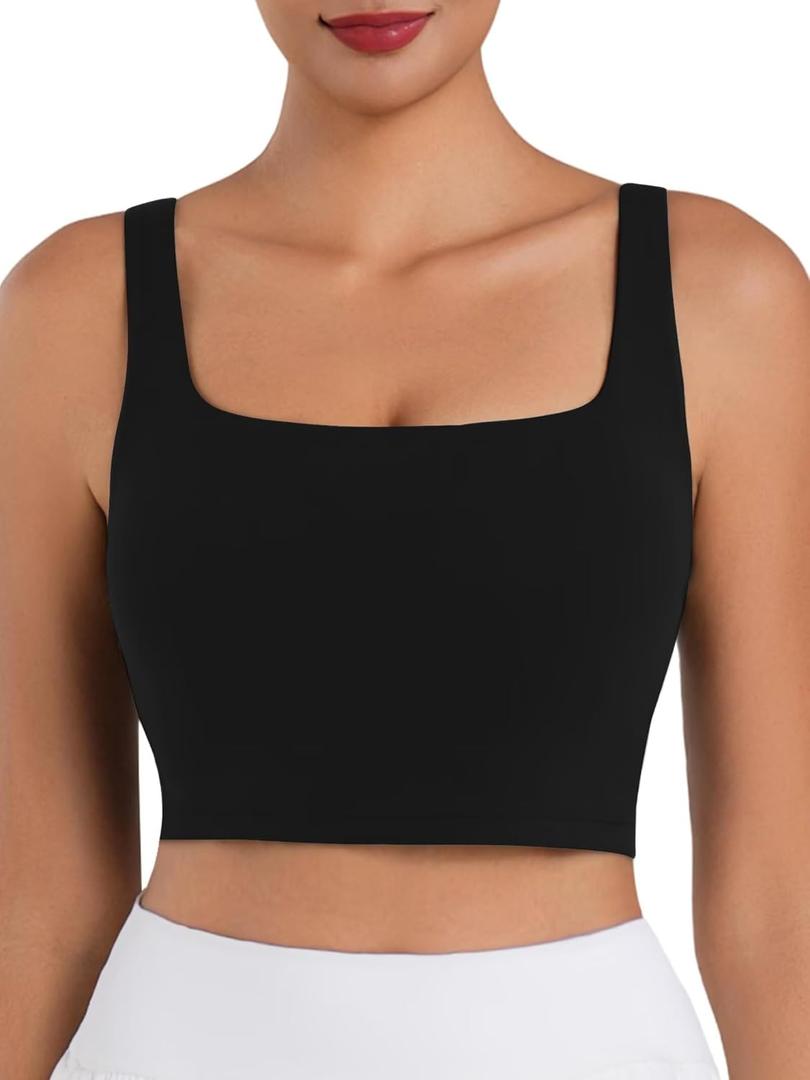 Sunzfly Women Square Neck Sport Bra with Removable Pads, Built-in Bra Crop Tank Top Summer Sleeveless Camisole Workout Yoga (Small, Black)