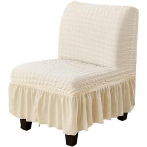 Armless Accent Chair Cover, seesucker Fat Slipper Chair Slipcover with Skirt for Cafe Living Room Hotel (Beige,M)