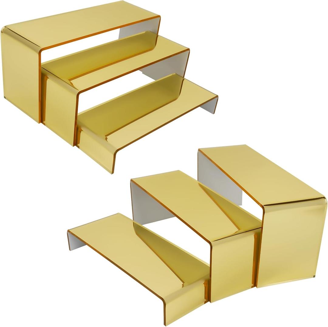 CRAFTIFANO Acrylic Display Risers 2 Sets 3 Tier Cupcake Stand for Dessert Jewelry Pop Figures Shelves Retail Shoe Showcase (Gold)