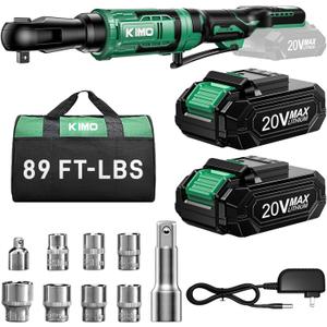 KIMO 20V Cordless Ratchet Wrench 3/8, 89Ft-lbs 400RPM Electric Ratchet Wrench Set with Variable Speed, 2x2.0Ah Battery Ratchet, LED Light, 7Socket, 3/8" to 1/4" Adapter, 3" Extension Bar, Fast Charger