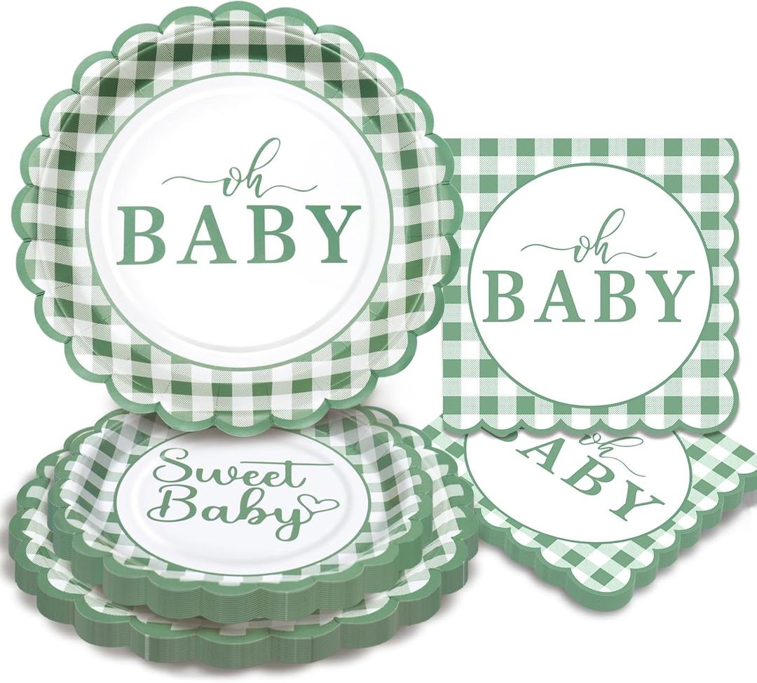 75 Pcs Sage Green Baby Shower Plates and Napkins Party Supplies, Sage Green Baby Shower Decorations, Gingham Paper Plates for Gender Neutral Oh Baby Decor, Scalloped, Serve 25 Guests