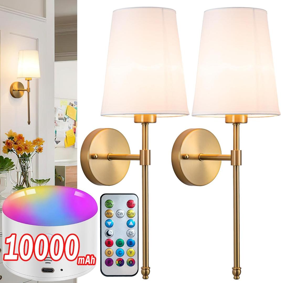 Battery Operated Wall Sconce Set of 2, Rechargeable Wall Sconce with 10000mAh Bulb and Remote, Up to 50 Hrs Use, RGB Dimmable Wireless Wall Lights for Living Room Bedroom Hallway (Bronze)