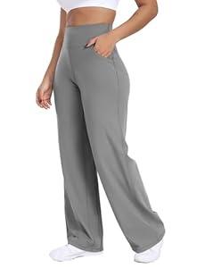 ESOFT Wide Leg Pants Women High-Waisted Yoga Work Dress Pants with Pockets, Casual Sweatpants, Petite/ Regular Light Grey XL