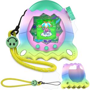 2 x JCHPINE Silicone Cover Case for Tamagotchi Paradise Interactive Virtual Pet, Stand Up Case for Tamagotchi Paradise Screen Protector and Lanyard (Rainbow)