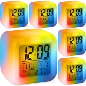 Landical 6 Pcs Digital Alarm Clocks with 7 Color Changing Night Light, Battery Operated Small Alarm Clock for Bedroom, Bedside Cube Clock with Date, Temperature, Night Light Clocks
