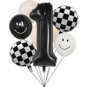 100% liked-One Happy Dude 1st Birthday Balloon Set  40" Black & White Smiley Face Foil + Latex Balloons, Checkered Baby Shower Decorations, Kids Party Supplies for Boys and Girls