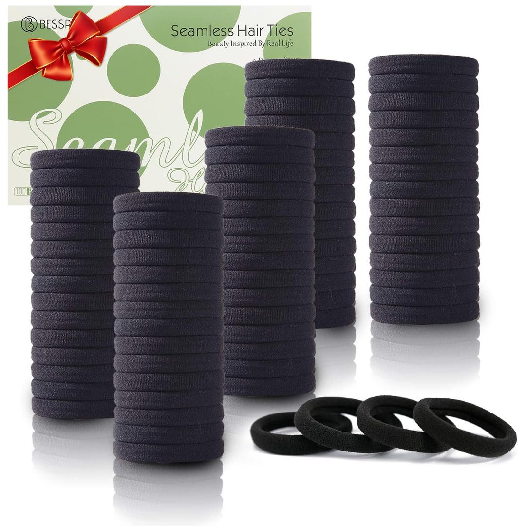 Bessrung 100PCS Black Hair Ties for Women Girls, Seamless Thick Black Hair Band, Elastic Hair Ties No Damage Ponytail Holder for Everyday Use