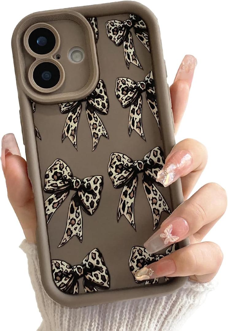 Lovmooful Compatible for iPhone 16 Case Cute Ribbon Bow with Leopard Design with Bumper Protector for Girls Women Soft TPU Shockproof Protective Girly for iPhone 16 Case-Brown