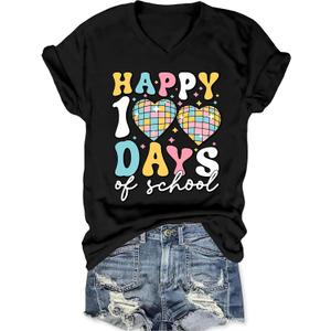 100 Days of School Shirt Teacher Happy 100th Day of School Graphic T-Shirt Casual V Neck Short Sleeve Tee Tops (Black, XL)