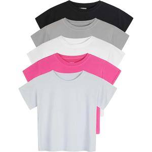 Real Essentials 5 Pack: Women's Dry Fit Crop Top - Short Sleeve Crew Neck Stretch Athletic Tee (2XL)