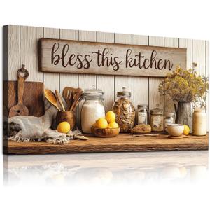 WLWBINTING Vintage Kitchen Wall Art, Rustic Still Life Canvas Print, Bless Kitchen Wall Decor Painting,Country Kitchen Decor Poster Picture,Wall Pictures For Dining Room, Farmhouse Home Decor, 40"L x 20"W