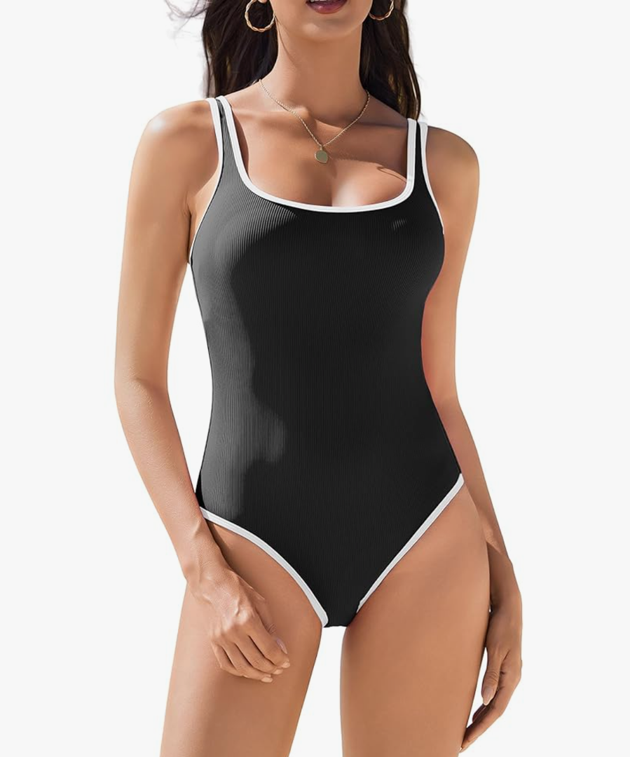 AI'MAGE Womens One Piece Swimsuit Ribbed High Cut Bathing Suit Color Block Sport Swimwear with Adjustable Strap S-2XL, Size M, Black and White