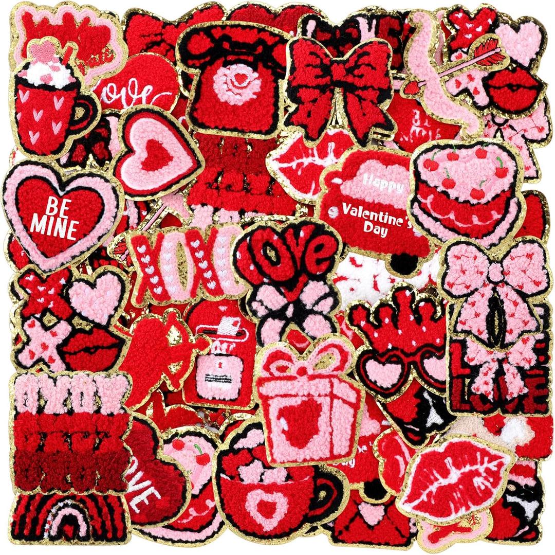72 Pcs Valentine's Day Chenille Patches Glitter Pink Red Heart Bow Iron on Patches Galentines Appliques Sew on for Hat Backpack Clothes Shirt Jeans DIY Craft Party Favors