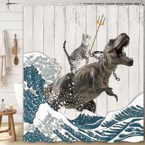 Boziqr Funny Cat Shower Curtain, Cool Cat Dinosaur Japanese Ocean Wave Decor Fabric Bathroom Curtains, Kids Children Rustic Wooden Farmhouse Shower Curtain, 70 X 78 Inches (Grey)