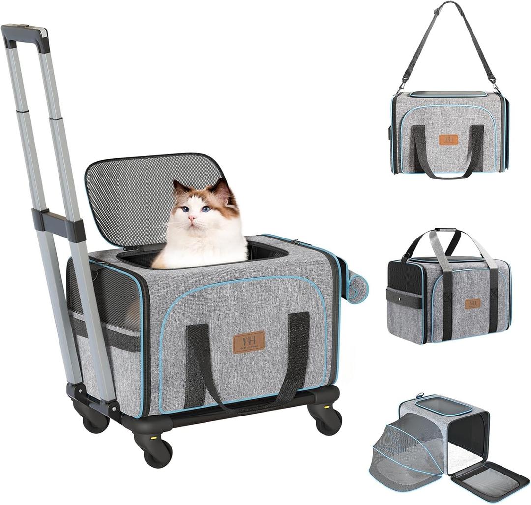 WESTERN HOME WH Expandable Cat Carrier with Wheels Airline Approved, Removable Soft Carrier, Rolling Cat Carrier for Puppy and Kitten with Telescopic Handle Suitable for Traveling/Hiking/Camping