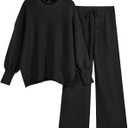 LILLUSORY Women 2 Piece Outfits Sweatsuit Oversized Knit Pullover Sweater Tops Wide Leg Pants Lounge Set (X-Large, Black)