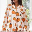 MBZJSDKHLK Women's Halloween Pajamas Set Silk Satin Ghost Pumpkin Print Long Sleeve Button Down Shirt 2 Piece Pjs Shorts Sets, L