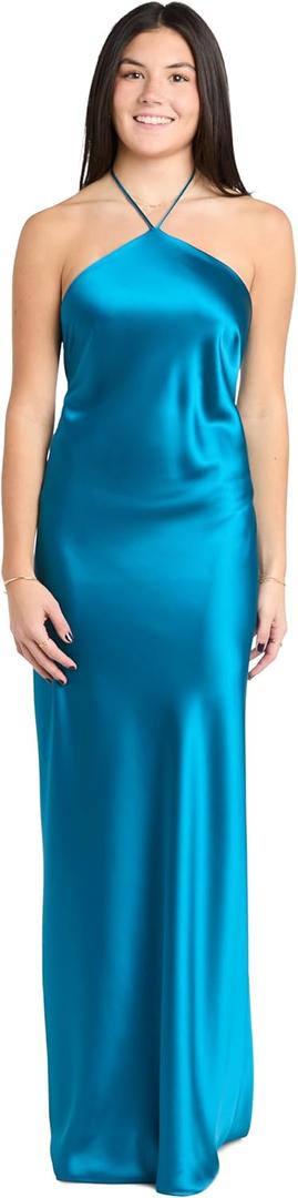 MORGAN AND CO.
Elegant Juniors' Silky Satin High Neck Gown W/Back Tie & Flowing Skirt (Small, Teal)