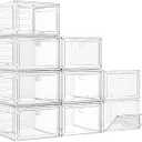 7 code Large Clear Shoe Boxes Organizer【Thicker Material】 Stronger Shoe Box with Magnetic Door, Stackable Shoe Storage Box for Closet, Foldable SpaceSaving Storage Bins Shoe Cabinet, White 9 Pack