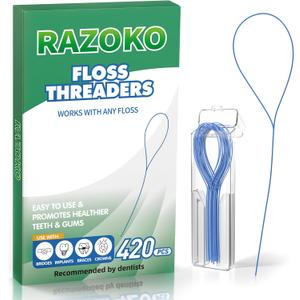 RAZOKO Dental Floss Threaders for Braces, Bridges, Implants & Crowns | Nylon Floss Threaders for Orthodontic Care | 420 Count (6 Packs) with Travel Case