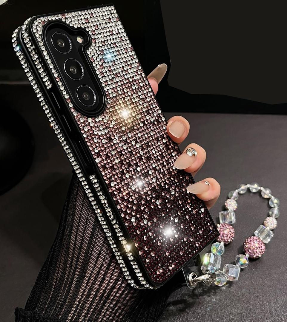 for Samsung Galaxy Z Fold 7 Bling Case Luxury Glitter Diamond Sparkly Rhinestone Cute Gemstone Slim Pretty Phone Cover with Crystal Wrist Strap for Women Girly,Purple