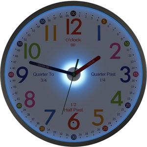JoFomp Telling Time Teaching Clock, 12 Inch Illuminated Wall Clock for Kids Bedroom, LED Wall Clock Battery Operated, Silent Learning Clock for Kids, Teachers & Classroom, Light Sensor - Auto Lighting