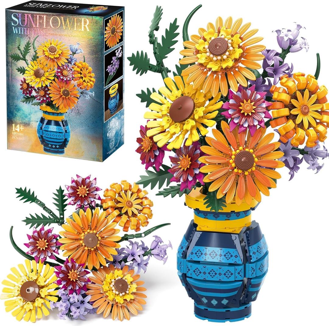 Sunflower Bouquet Building Blocks w/ Vase Set, 1065 PCS Botanical Collection Valentine Birthday Gifts for Adult Women Her Him Mom Teenage, Artificial Flower Home Decor Stocking Stuffers for Teen Girls