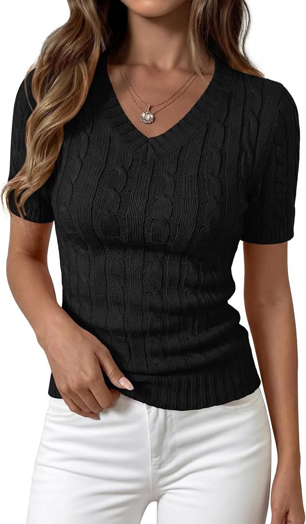 PRETTYGARDEN Womens Summer Short Sleeve Sweater Cable Knit V Neck Sweaters Shirts Fitted Work Tops Business Casual Outfits (Small, Black)