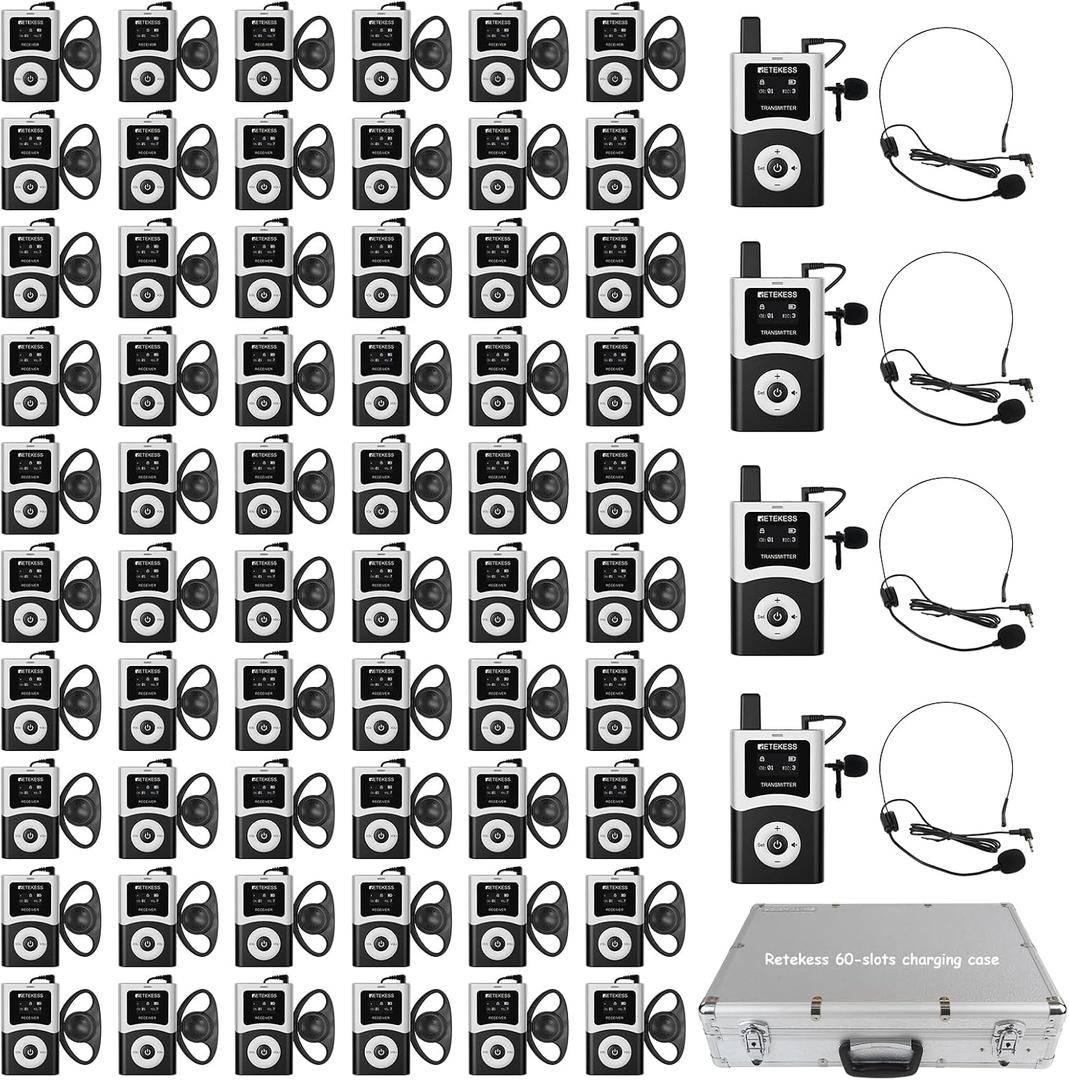 Retekess T130U(4nd Gen T130)Tour Guide System, Tour Guide Headsets(4TX 60RX) for Factory Visits, School, U-Band, Digital Mode, DSP Noise Reduction, 200M, Multi Channel Management, 60-Slot Charge Case