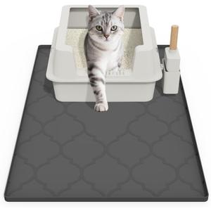 Cat Mat for Litter Box, 34" X 22" Large Silicone Cat Litter Trapping Mat, Easy Clean for Scatter Control, Soft on Kitty Paws, Waterproof, Urine-Proof, Non-Slip Kitty Litter Mat for Floor, Black (Pack of 1)