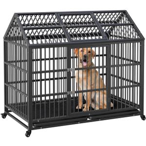 52 Inch Heavy Duty Dog Crate, Indestructible Metal Dog Kennel for Large Medium Small Dogs, Indoor Dog Cage with Lockable Wheels and Removable Tray