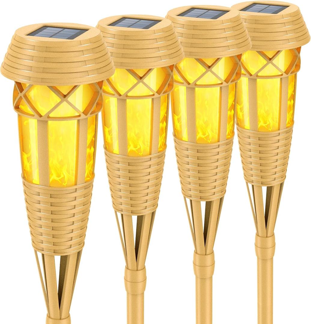 Solar Outdoor Lights Torches with Flickering Flame for Garden Decor, Waterproof Garden, Outdoor Patio & Pathway Yard Decorations with Flame Torches - 4 Pack, Handmade Bamboo Solar Light, Realistic Flickering Flame, Auto Dusk‑to‑Dawn, IP65 Waterproof for Yard Patio Pathway