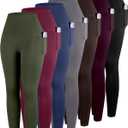 ATHVOTAR Leggings with Pockets for Women, 7 Packs High Waisted Workout Tummy Control Yoga Pants Black/ Gray/ Navy/ Burgundy/ Army Green/ Dark Brown/ Cassis M