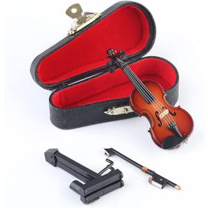 Wooden Miniature Violin with Stand, Bow and Case Mini Musical Instrument Violin Replica Collectible Figurines Dollhouse Accessories Model Home Decoration Display Ornament (3.15"x1.18"x0.59")