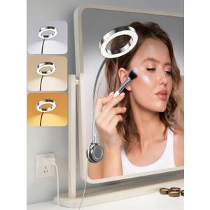 Suction Cup LED Vantiy Lights for Mirror, Flexible Gooseneck Stick on Selfie Ring Light for Makeup Vanity Table & Bathroom Mirror, 3 Color Modes & 10 Brightness, Plug in, Silver (17"L x 4.7"W)