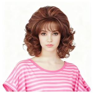 Rugelyss Vintage Short Ginger Mixed Blonde Beehive Wig with Bangs Curly Wavy Heat Resistant Synthetic Hair Wigs for Women fits 70s 80s Costume or Halloween and Party