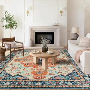 U'Artlines Boho Vintage Area Rug 8x10 Machine Washable Low Pile Soft Floor Carpet Non Slip Non Shedding Accent Rug for Living Room Bedroom Entryway Dining Room Office Orange/Multi (8'x10')