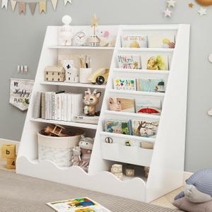 Kids Bookshelf and Toy Storage, Children's Bookcase with 5 Shelf and 4 Tier CabinetWooden Montessori Book Shelf for Kids Room, Playroom, Nursery, 48.26 cm x 15.24 cm x 96.52 cm