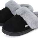 NineCiFun Women's and Men's Suede House Slippers Slip on Fuzzy Slippers with Faux Fur Lining Indoor Outdoor Home Shoes with No-slip Sole (9-10 Women/7-7.5 Men, Black)