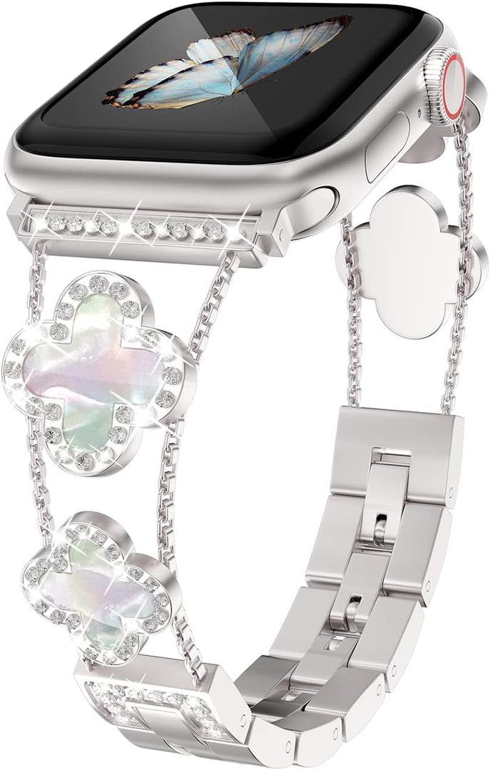 Musk-MSKR Diamond Metal Bands Add Sparkle to Your Watch For Apple Watch Series 11/10/9/8/7/6/5/4/3/2/SE/Ultra Clover Simple and Stylish Compatible with 38mm40mm41mm42mm44mm45mm 46mm49mm Women's Wear