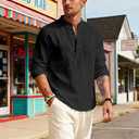 Men's Linen Shirts Henley T-Shirts Long Sleeve Casual Beach T-Shirts Solid Tops Shirts for Men (Black, XL)