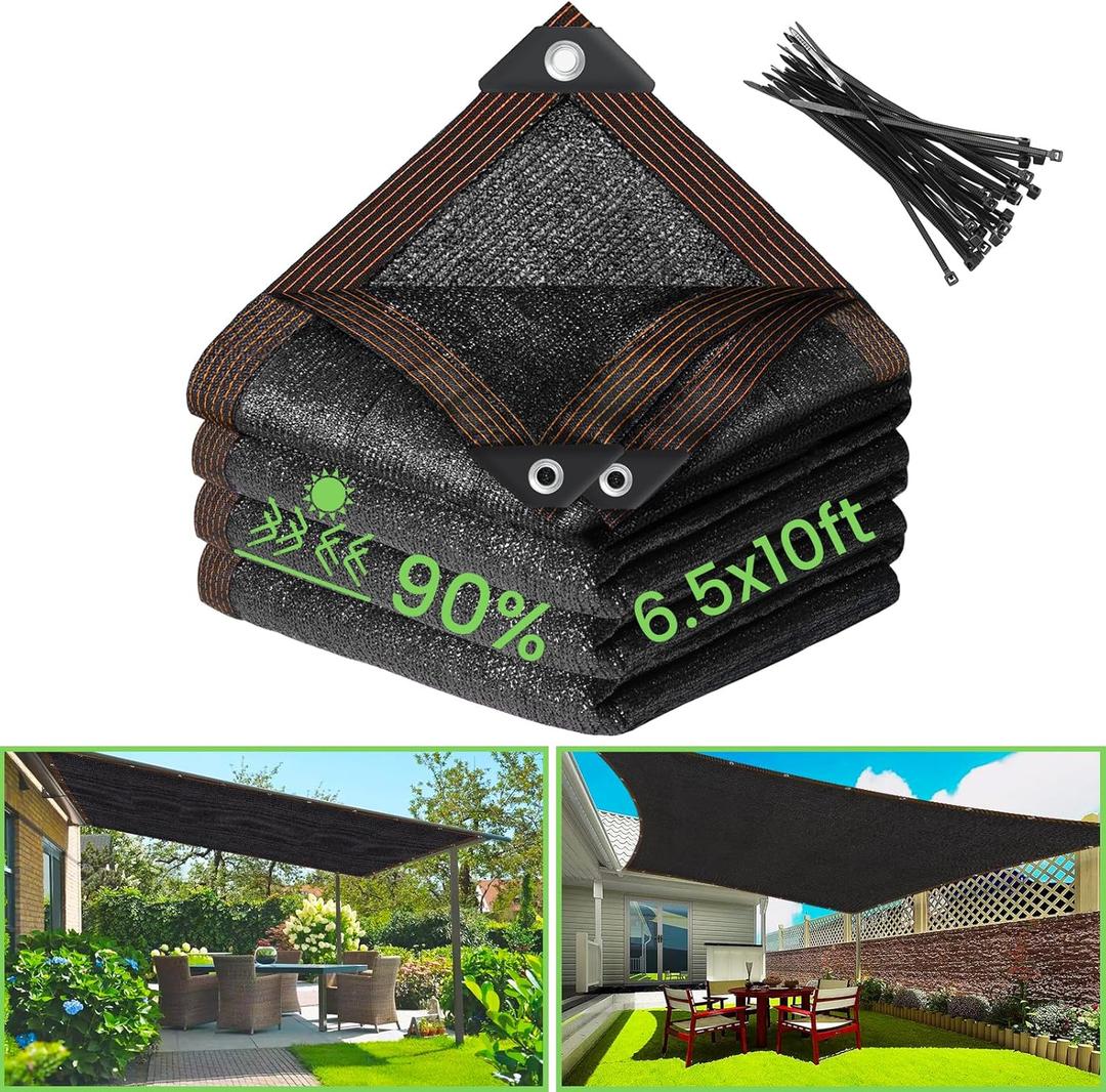 Riare 90% Black Shade Cloth- 6.5 x 10 FT Sunblock Garden Shade Cloth, Sun Shade Mesh Tarp with Reinforced Grommets for Greenhouse, Garden, Patio, Backyard, Plants, Pergola, Chicken Coop